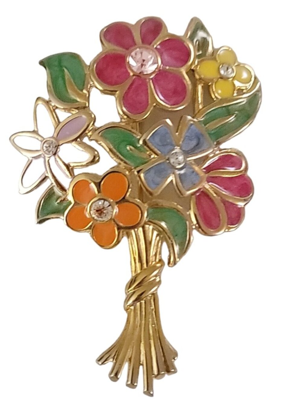 Roland Gold Tone Pink Blue Purple Enamel Clear Rhinestone Flower Brooch, K479